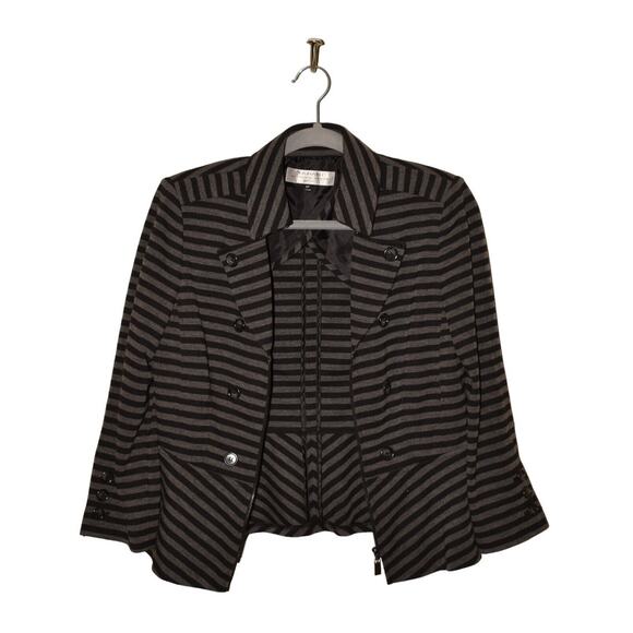 TAHARI ASL $128 Zip Front Fitted Blazer Button Accents Black/Gray Stripe 8P‎ - Picture 2 of 4